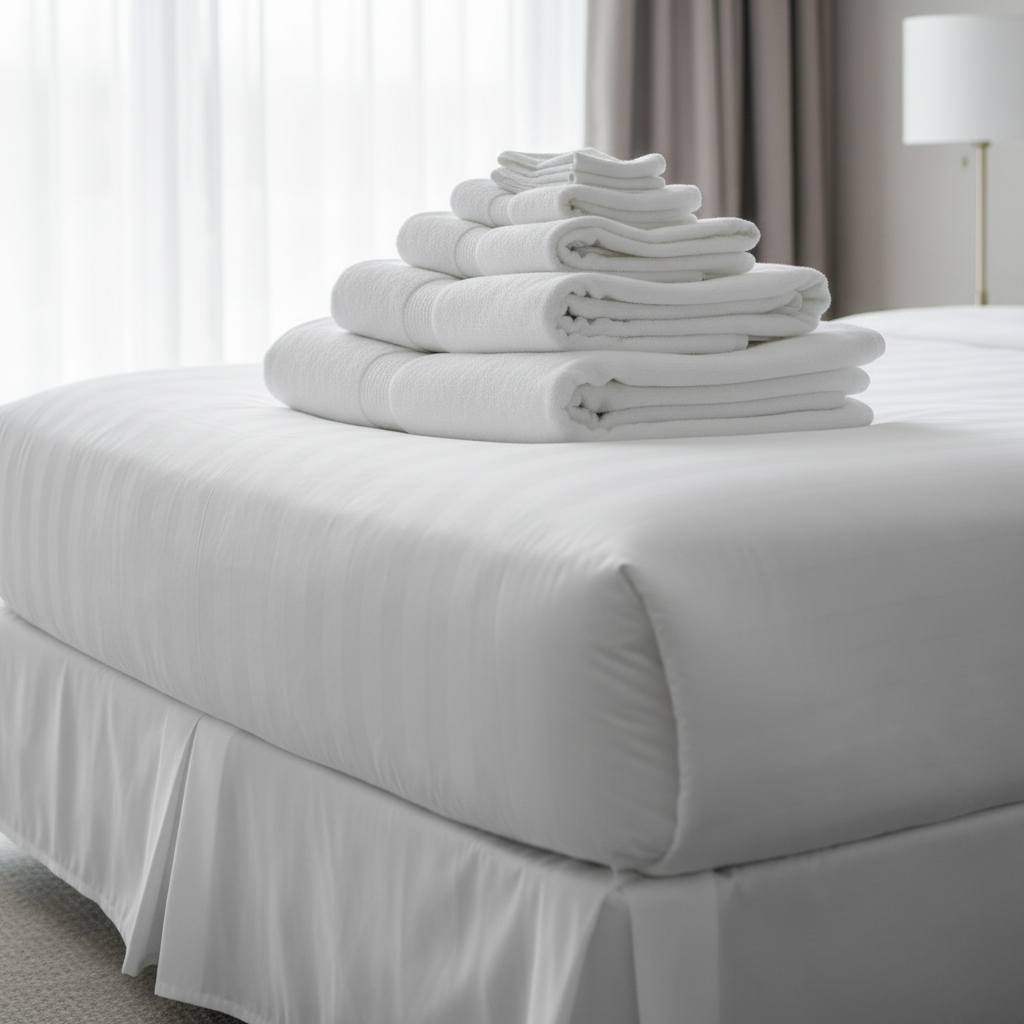 Hotel-style towels folded on bed