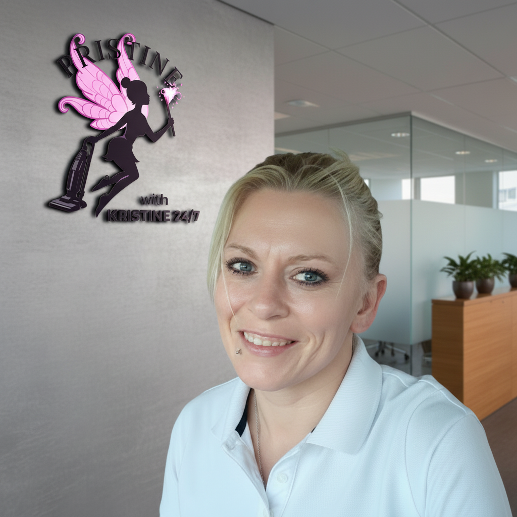 Kristine, founder of Pristine with Kristine 24/7, in front of the company logo