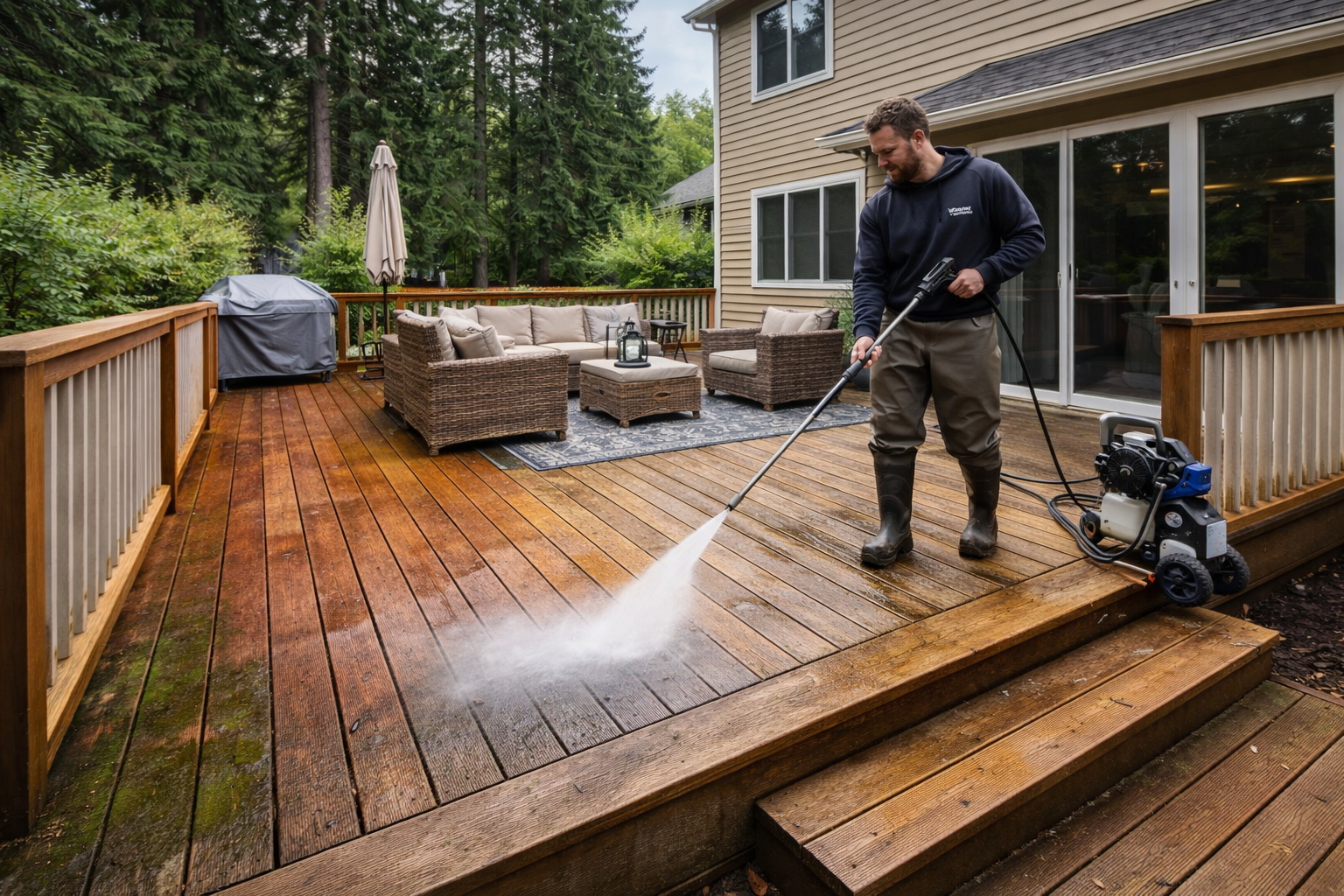 Deck during pressure washing full scene